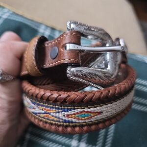 JUSTIN Brown  Leather Embroidered Braided Belt with Silver Buckle Cowboy 32